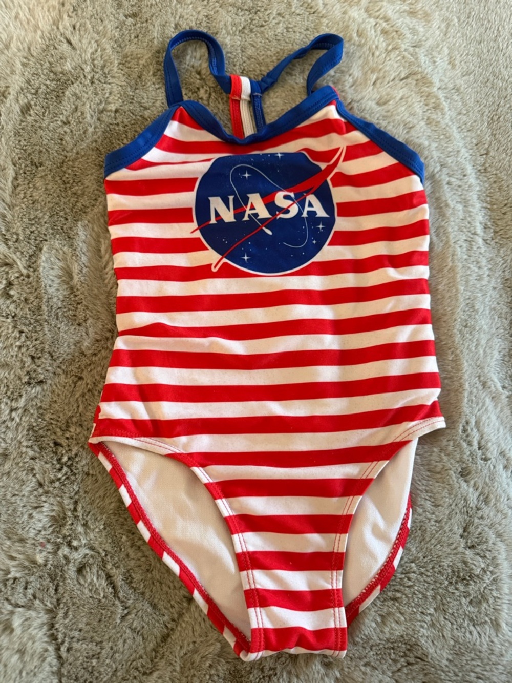 NASA Red & White Stripe Kids' One-Piece Swimsuit with Blue Trim